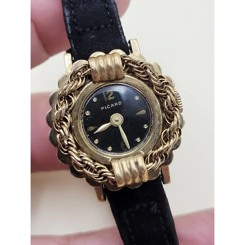Vintage Picard Women’s Cocktail Watch Gold Tone Rope Bezel Scalloped Edge 1950